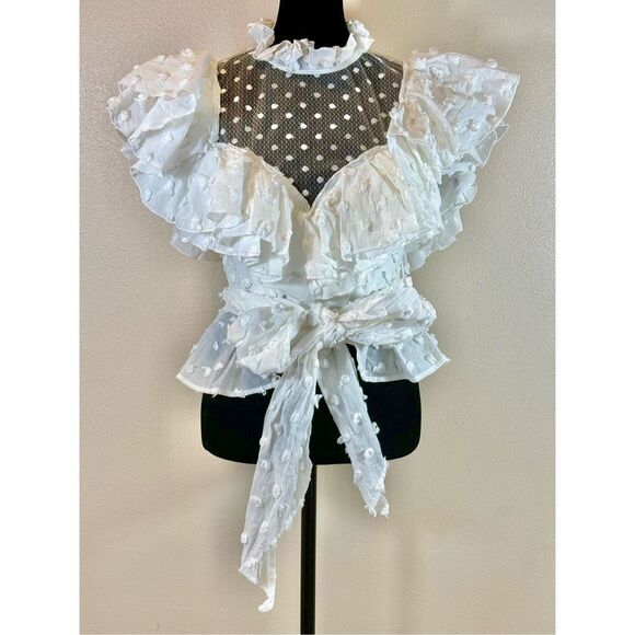 Acler Mock Neck Polka Dot Frills Ruffle White Hawk Top Women’s Size 4US - Picture 3 of 11
